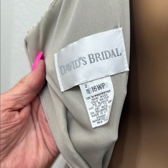 David's Bridal Cream Tan Gold Silver Maxi Dress & Long Sleeve Jacket Side Slit - Picture 8 of 13